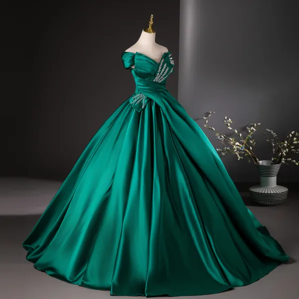 Vintage / Retro Dark Green Sequins Satin Prom Dresses Ball Gown 2024 Off-The-Shoulder Short Sleeve Backless Floor-Length / Long Prom Formal Dresses