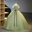Elegant Sage Green Beading Sequins Prom Dresses 2023 Ball Gown Off-The-Shoulder Short Sleeve Backless Bow Sash Floor-Length / Long Prom Formal Dresses