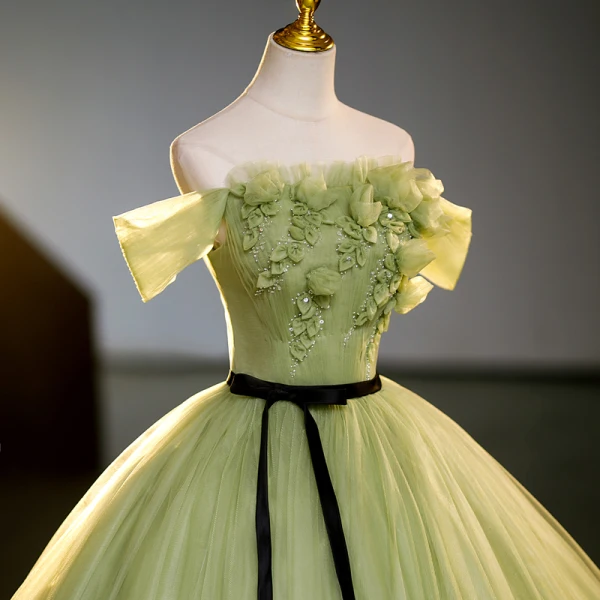 Elegant Sage Green Beading Sequins Prom Dresses 2023 Ball Gown Off-The-Shoulder Short Sleeve Backless Bow Sash Floor-Length / Long Prom Formal Dresses