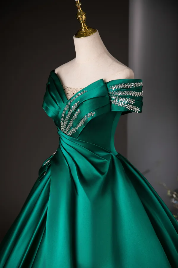 Vintage / Retro Dark Green Sequins Satin Prom Dresses Ball Gown 2024 Off-The-Shoulder Short Sleeve Backless Floor-Length / Long Prom Formal Dresses
