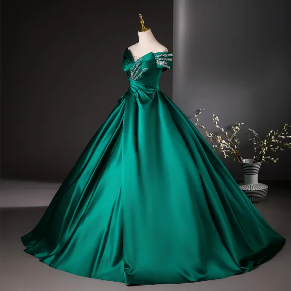slim fit dress slacks Green Tulle Long Prom Dress, Off the Shoulder A-Line Evening Party Dre main image 0