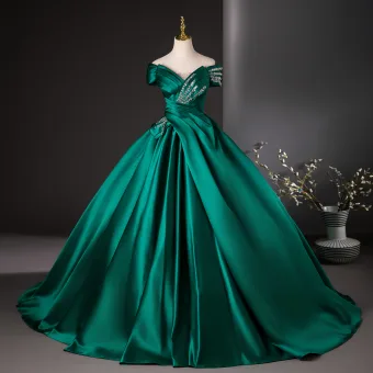 Vintage Verde Oscuro Lentejuelas Satén Vestidos De Gala Ball Gown 2024 Fuera Del Hombro Manga Corta Sin Espalda Largos Gala Vestidos Formales