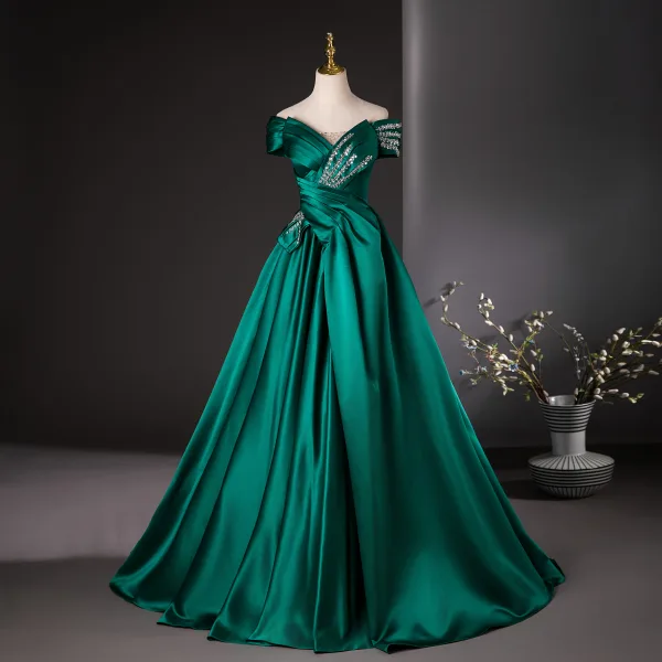 Vintage / Retro Dark Green Sequins Satin Prom Dresses Ball Gown 2024 Off-The-Shoulder Short Sleeve Backless Floor-Length / Long Prom Formal Dresses