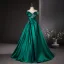 Vintage / Retro Dark Green Sequins Satin Prom Dresses Ball Gown 2024 Off-The-Shoulder Short Sleeve Backless Floor-Length / Long Prom Formal Dresses