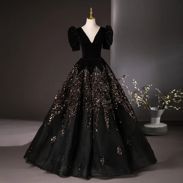 Vintage / Retro Black Sequins Prom Dresses 2024 Ball Gown V-Neck Short Sleeve Backless Floor-Length / Long Tulle Prom Formal Dresses