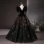 Vintage / Retro Black Sequins Prom Dresses 2024 Ball Gown V-Neck Short Sleeve Backless Floor-Length / Long Tulle Prom Formal Dresses