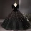Vintage / Retro Black Sequins Prom Dresses 2024 Ball Gown V-Neck Short Sleeve Backless Floor-Length / Long Tulle Prom Formal Dresses