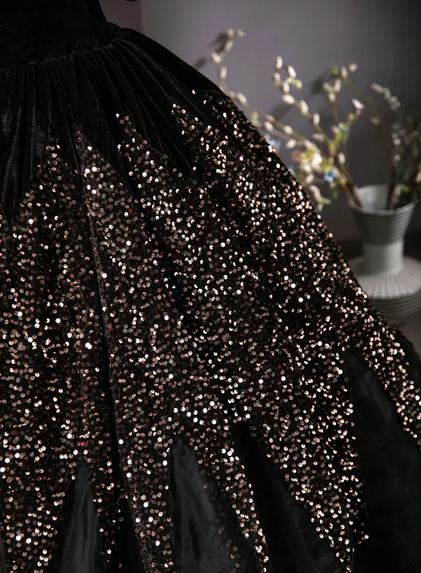 Vintage / Retro Black Sequins Prom Dresses 2024 Ball Gown V-Neck Short Sleeve Backless Floor-Length / Long Tulle Prom Formal Dresses
