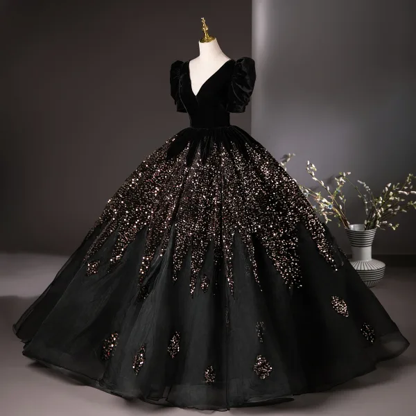 Vintage / Retro Black Sequins Prom Dresses 2024 Ball Gown V-Neck Short Sleeve Backless Floor-Length / Long Tulle Prom Formal Dresses