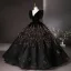 Vintage / Retro Black Sequins Prom Dresses 2024 Ball Gown V-Neck Short Sleeve Backless Floor-Length / Long Tulle Prom Formal Dresses