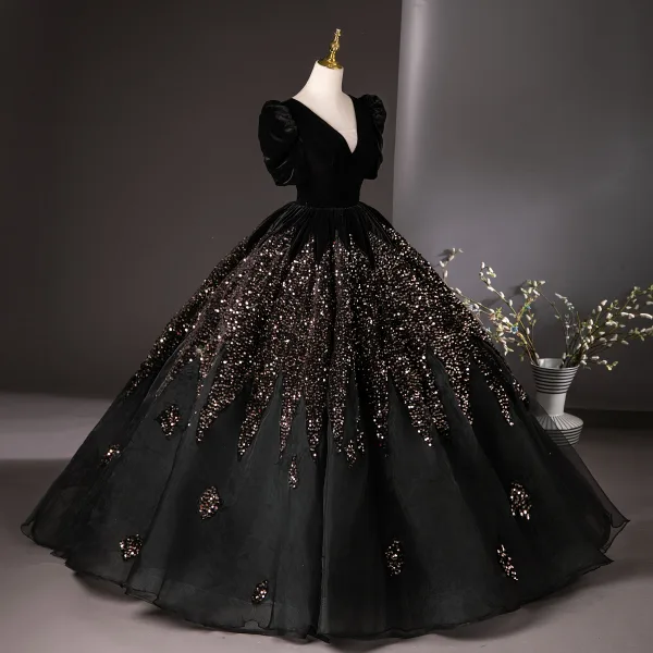 Vintage / Retro Black Sequins Prom Dresses 2024 Ball Gown V-Neck Short Sleeve Backless Floor-Length / Long Tulle Prom Formal Dresses