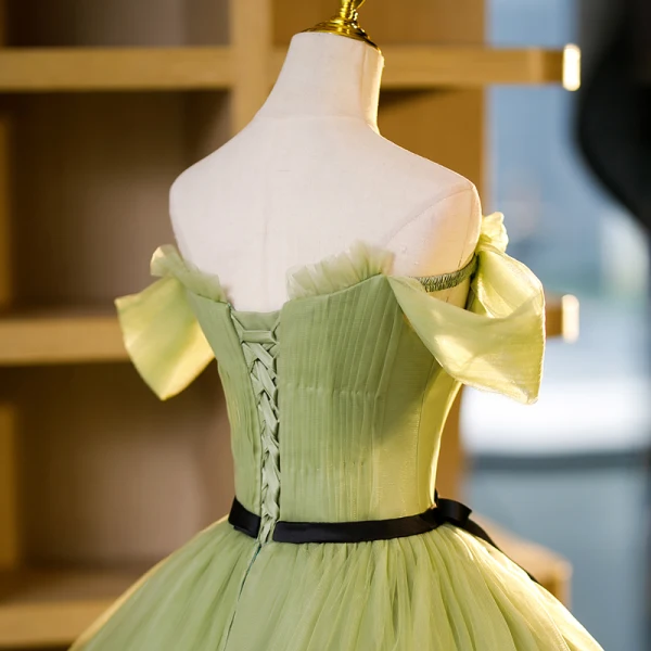 Elegant Sage Green Beading Sequins Prom Dresses 2023 Ball Gown Off-The-Shoulder Short Sleeve Backless Bow Sash Floor-Length / Long Prom Formal Dresses