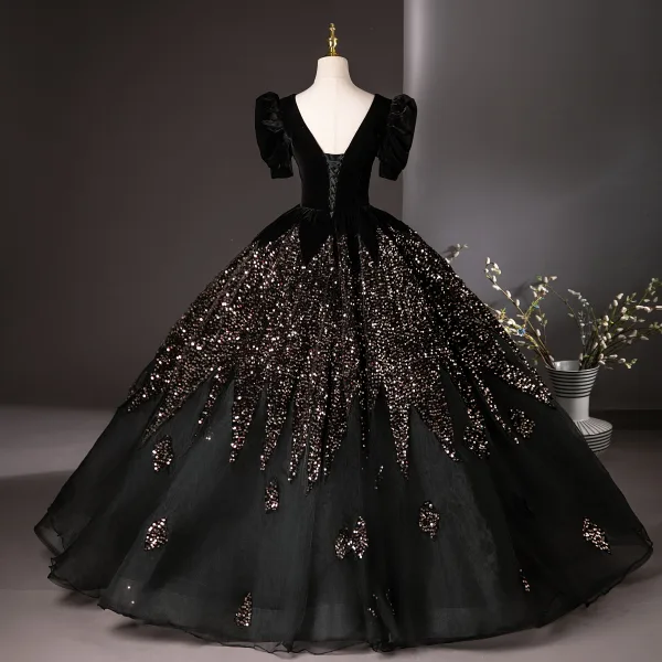 Vintage / Retro Black Sequins Prom Dresses 2024 Ball Gown V-Neck Short Sleeve Backless Floor-Length / Long Tulle Prom Formal Dresses