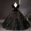 Vintage / Retro Black Sequins Prom Dresses 2024 Ball Gown V-Neck Short Sleeve Backless Floor-Length / Long Tulle Prom Formal Dresses