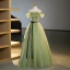 Elegant Sage Green Beading Sequins Prom Dresses 2023 Ball Gown Off-The-Shoulder Short Sleeve Backless Bow Sash Floor-Length / Long Prom Formal Dresses