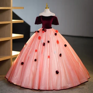 Elegant Burgundy Appliques Beading Pearl Sequins Prom Dresses 2023 Ball Gown Off The Shoulder Short Sleeve Backless Floor Length Long Prom Formal Dresses