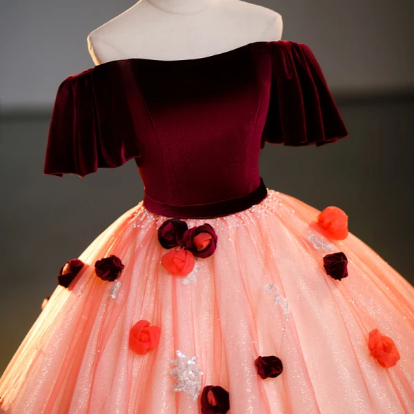 Elegant Burgundy Appliques Beading Pearl Sequins Prom Dresses 2023 Ball Gown Off-The-Shoulder Short Sleeve Backless Floor-Length / Long Prom Formal Dresses