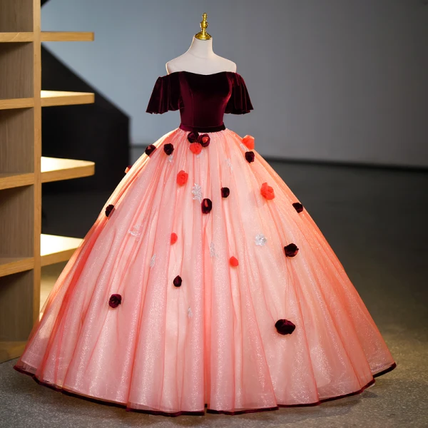 Elegant Burgundy Appliques Beading Pearl Sequins Prom Dresses 2023 Ball Gown Off-The-Shoulder Short Sleeve Backless Floor-Length / Long Prom Formal Dresses