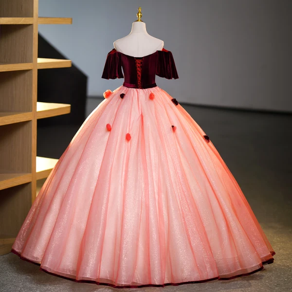 Elegant Burgundy Appliques Beading Pearl Sequins Prom Dresses 2023 Ball Gown Off-The-Shoulder Short Sleeve Backless Floor-Length / Long Prom Formal Dresses
