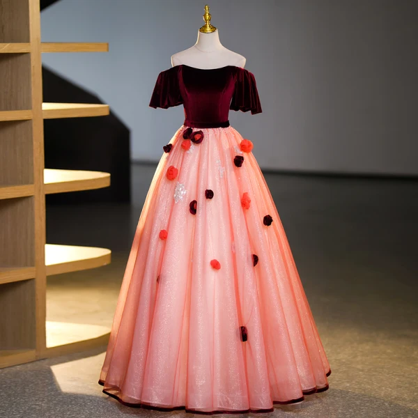 Elegant Burgundy Appliques Beading Pearl Sequins Prom Dresses 2023 Ball Gown Off-The-Shoulder Short Sleeve Backless Floor-Length / Long Prom Formal Dresses
