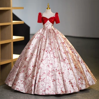 Chic Belle Rouge Impression Robe De Bal 2023 Robe Boule Encolure Carrée Manches Courtes Dos Nu Longue Promo Robe De Ceremonie