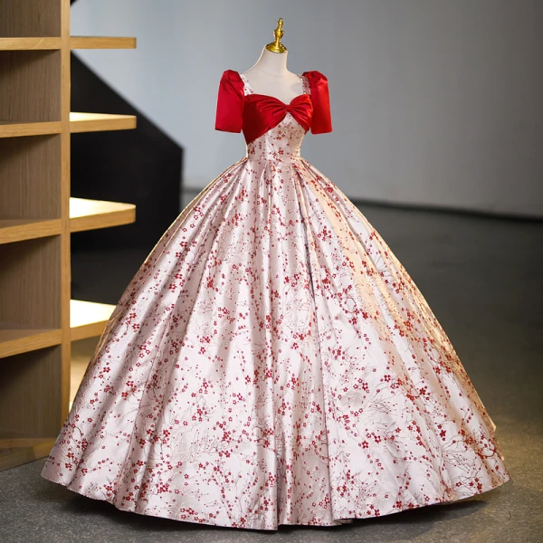 Chic / Beautiful Red Printing Prom Dresses 2023 Ball Gown Square Neckline Short Sleeve Backless Floor-Length / Long Prom Formal Dresses