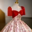 Chic / Beautiful Red Printing Prom Dresses 2023 Ball Gown Square Neckline Short Sleeve Backless Floor-Length / Long Prom Formal Dresses