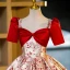 Chic / Beautiful Red Printing Prom Dresses 2023 Ball Gown Square Neckline Short Sleeve Backless Floor-Length / Long Prom Formal Dresses
