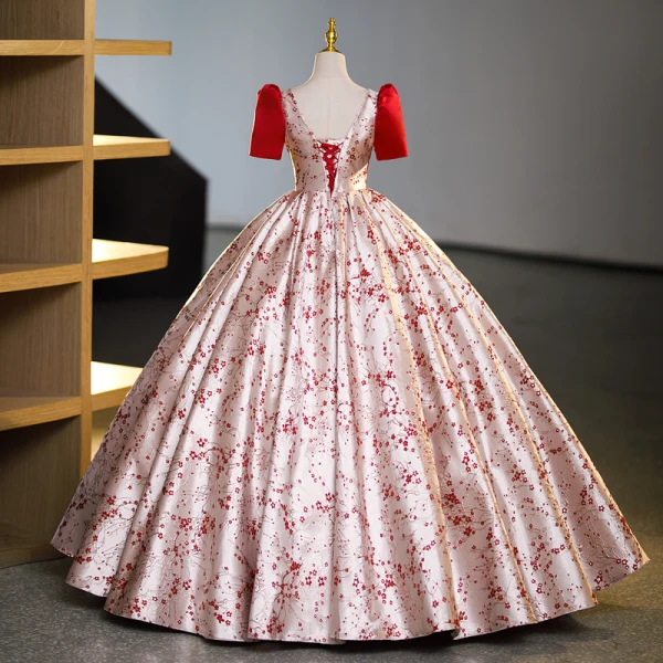 Chic / Beautiful Red Printing Prom Dresses 2023 Ball Gown Square Neckline Short Sleeve Backless Floor-Length / Long Prom Formal Dresses