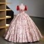Chic / Beautiful Red Printing Prom Dresses 2023 Ball Gown Square Neckline Short Sleeve Backless Floor-Length / Long Prom Formal Dresses