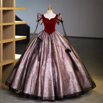 Vintage Originale Bordeaux Glitter Robe De Bal 2023 Robe Boule Encolure Dégagée Noeud Manches Courtes Dos Nu Longue Promo Robe De Ceremonie