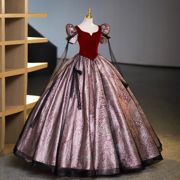Vintage / Retro Burgundy Glitter Prom Dresses 2023 Ball Gown Scoop Neck Bow Short Sleeve Backless Floor-Length / Long Prom Formal Dresses