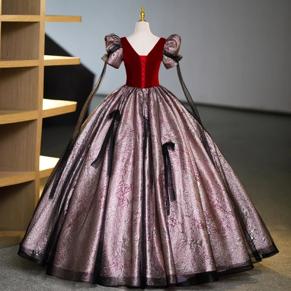 Vintage / Retro Burgundy Glitter Prom Dresses 2023 Ball Gown Scoop Neck Bow Short Sleeve Backless Floor-Length / Long Prom Formal Dresses
