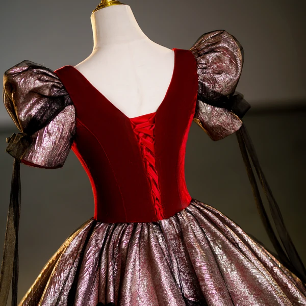 Vintage / Retro Burgundy Glitter Prom Dresses 2023 Ball Gown Scoop Neck Bow Short Sleeve Backless Floor-Length / Long Prom Formal Dresses