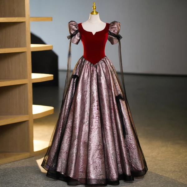 Vintage / Retro Burgundy Glitter Prom Dresses 2023 Ball Gown Scoop Neck Bow Short Sleeve Backless Floor-Length / Long Prom Formal Dresses