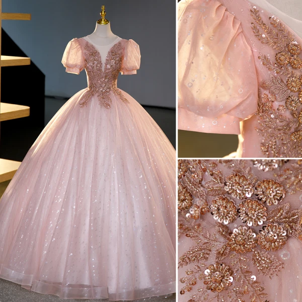 Charmant Rougissant Rose Perlage Paillettes En Dentelle Fleur Robe De Bal 2023 Robe Boule Encolure Dégagée Manches Courtes Dos Nu Longue Promo Robe De Ceremonie
