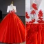 Elegant Red Beading Sequins Lace Flower Prom Dresses 2023 Ball Gown Satin Scoop Neck Short Sleeve Floor-Length / Long Prom Formal Dresses