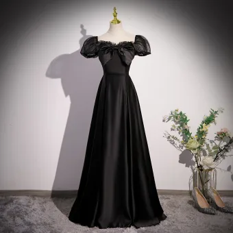 Chic Belle Noire Satin Robe De Bal 2023 Princesse Encolure Carrée Noeud Gonflée Manches Courtes Dos Nu Longue Robe De Ceremonie