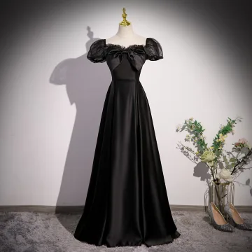 Chic Beautiful Black Satin Prom Dresses 2023 A Line Princess Square Neckline Bow Puffy Short Sleeve Backless Floor Length Long Formal Dresses