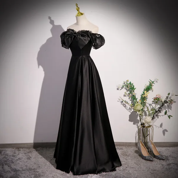 Chic / Beautiful Black Satin Prom Dresses 2023 A-Line / Princess Square Neckline Bow Puffy Short Sleeve Backless Floor-Length / Long Formal Dresses
