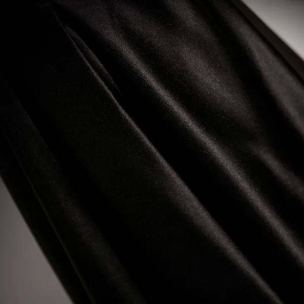 Chic / Beautiful Black Satin Prom Dresses 2023 A-Line / Princess Square Neckline Bow Puffy Short Sleeve Backless Floor-Length / Long Formal Dresses