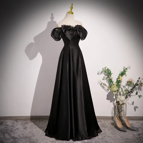 Chic / Beautiful Black Satin Prom Dresses 2023 A-Line / Princess Square Neckline Bow Puffy Short Sleeve Backless Floor-Length / Long Formal Dresses