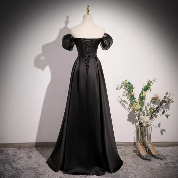 Chic / Beautiful Black Satin Prom Dresses 2023 A-Line / Princess Square Neckline Bow Puffy Short Sleeve Backless Floor-Length / Long Formal Dresses