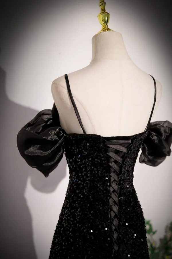 Sexy Schwarz Star Pailletten Ballkleider 2023 A Linie Spaghettiträger Schleife Geschwollenes Kurze Ärmel Rückenfreies Lange Festliche Kleider