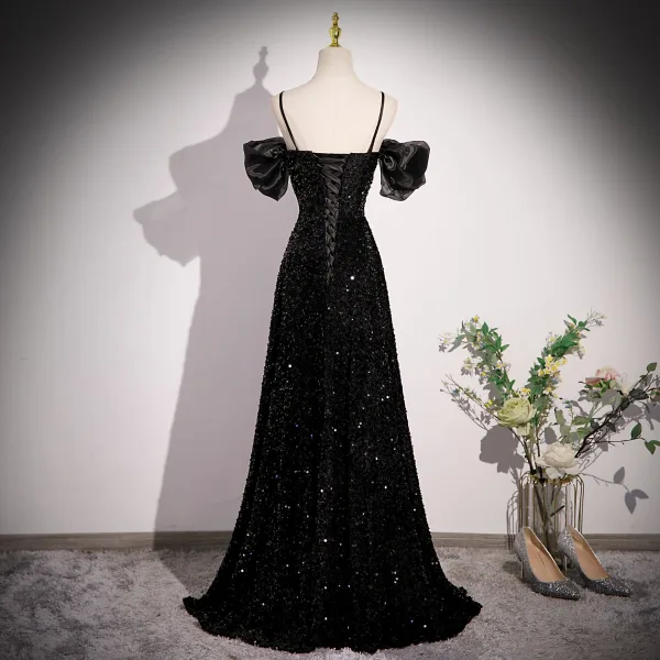 Sexy Schwarz Star Pailletten Ballkleider 2023 A Linie Spaghettiträger Schleife Geschwollenes Kurze Ärmel Rückenfreies Lange Festliche Kleider