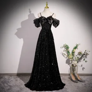 Sexy Noire Étoile Paillettes Robe De Bal 2023 Princesse Bretelles Spaghetti Noeud Gonflée Manches Courtes Dos Nu Longue Robe De Ceremonie