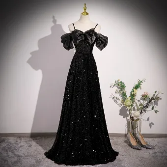 Sexy Noire Étoile Paillettes Robe De Bal 2023 Princesse Bretelles Spaghetti Noeud Gonflée Manches Courtes Dos Nu Longue Robe De Ceremonie