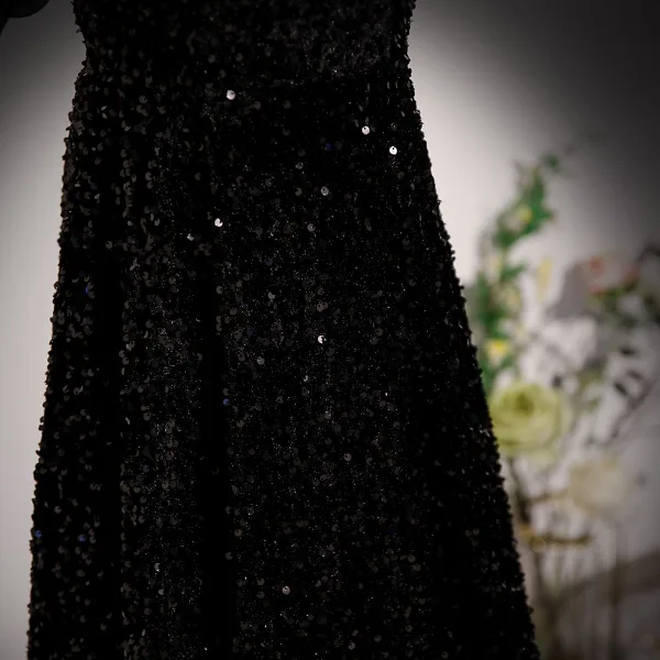 Sexy Schwarz Star Pailletten Ballkleider 2023 A Linie Spaghettiträger Schleife Geschwollenes Kurze Ärmel Rückenfreies Lange Festliche Kleider