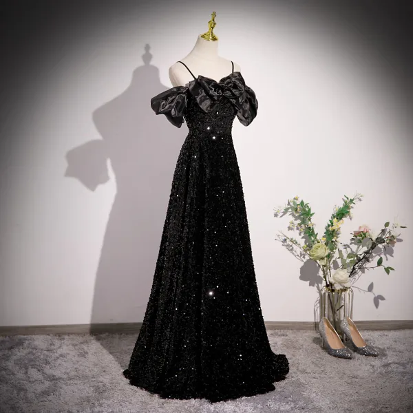 Sexy Schwarz Star Pailletten Ballkleider 2023 A Linie Spaghettiträger Schleife Geschwollenes Kurze Ärmel Rückenfreies Lange Festliche Kleider