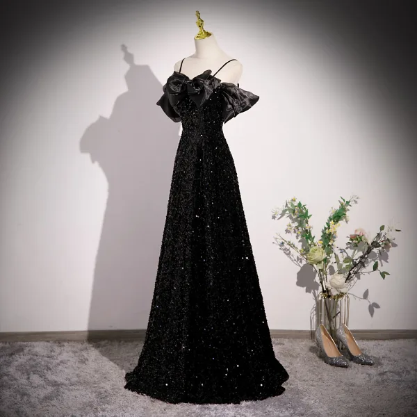 Sexy Schwarz Star Pailletten Ballkleider 2023 A Linie Spaghettiträger Schleife Geschwollenes Kurze Ärmel Rückenfreies Lange Festliche Kleider